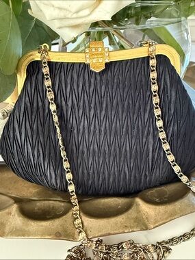 Carla Marchi Classic Black Satin  Evening Bag Accordion Pleat Crystal Gold Clasp